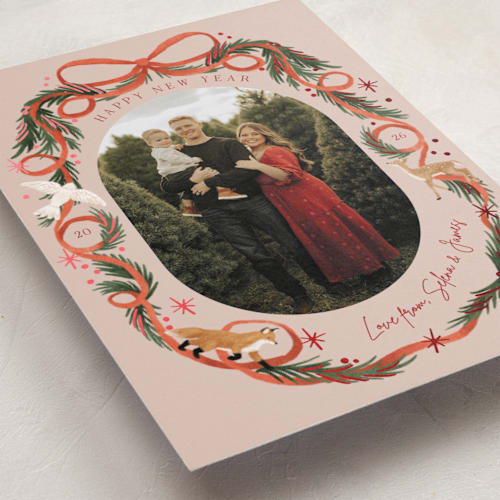 This is a scarlet foil pressed holiday cards with foil pressed by Elly called winter ribbon printing on recycled smooth signature in standard
