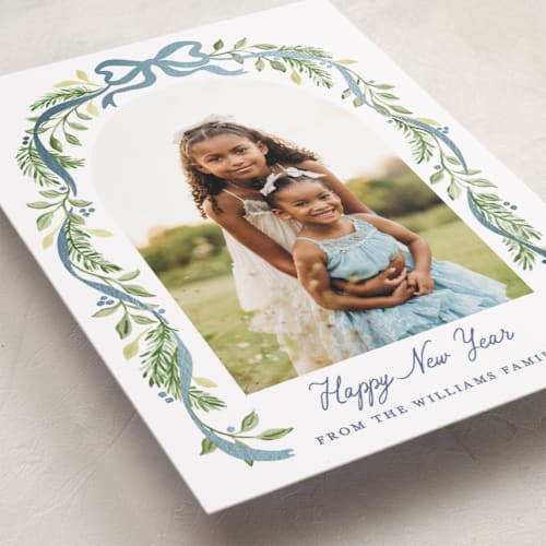 This is a moonlight foil pressed holiday cards with foil pressed by Sarah Knight called ribbon arch printing on recycled smooth signature in standard