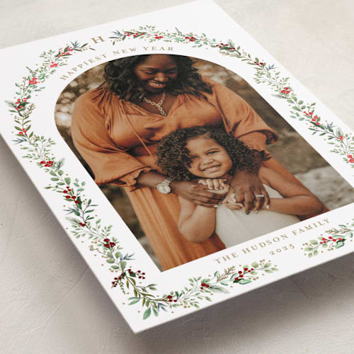 This is a crimson foil pressed holiday cards with foil pressed by Susan Moyal called petite botanicals printing on recycled smooth signature in standard