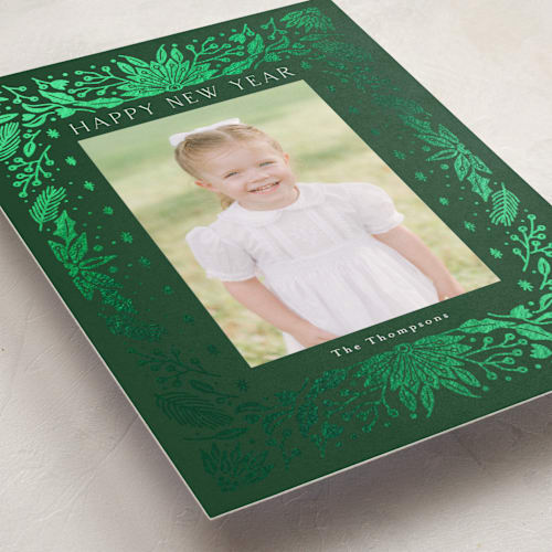 This is a juniper foil pressed holiday cards with foil pressed by Devika Keskar called floral rejoice printing on recycled smooth signature in standard