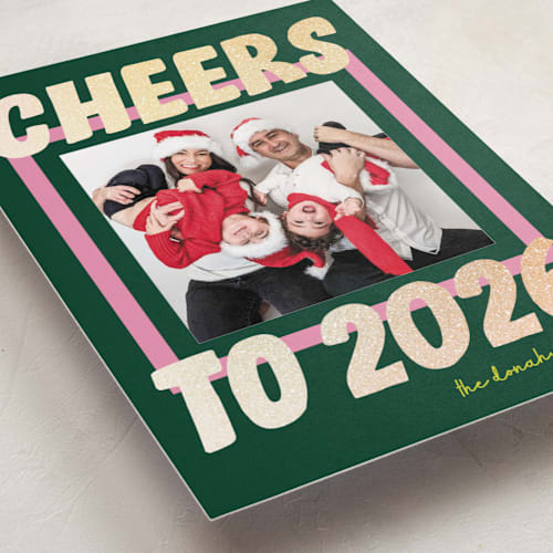 This is a evergreen foil pressed holiday cards with foil pressed by Shari Margolin called bold and bright printing on recycled smooth signature in standard