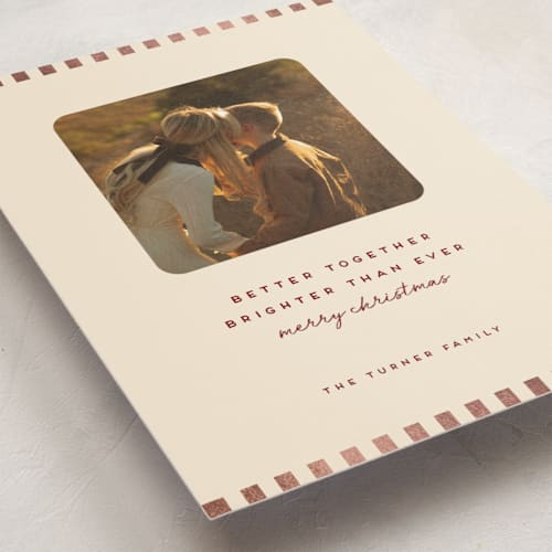 This is a merlot foil pressed holiday cards with foil pressed by Kindred Fields called brighter than ever printing on recycled smooth signature in standard