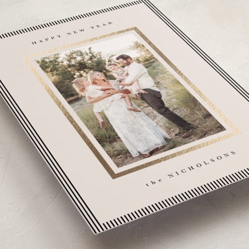 This is a linen foil pressed holiday cards with foil pressed by Kelly Schmidt called striped border printing on recycled smooth signature in standard