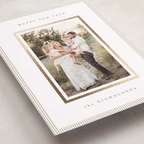 This is a tinsel foil pressed holiday cards with foil pressed by Kelly Schmidt called striped border printing on recycled smooth signature in standard