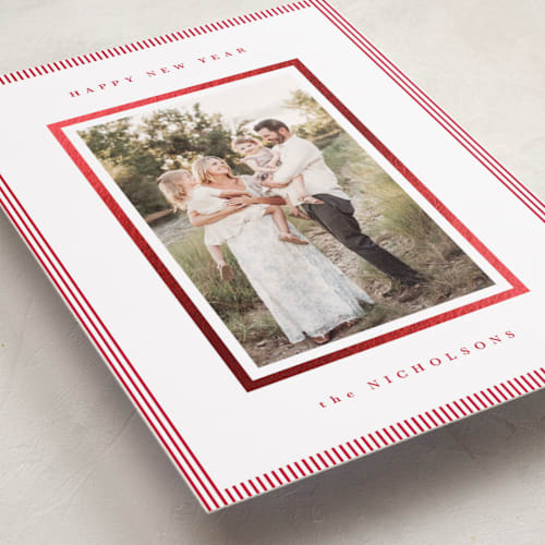 This is a berry foil pressed holiday cards with foil pressed by Kelly Schmidt called striped border printing on recycled smooth signature in standard