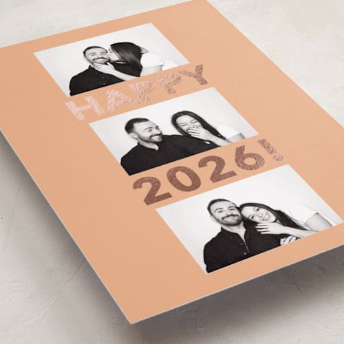 This is a blush foil pressed holiday cards with foil pressed by Angela Thompson called happy year trio printing on recycled smooth signature in standard