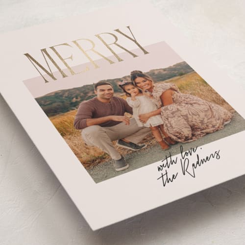 This is a eggnog foil pressed holiday cards with foil pressed by Olivia Kanaley Inman called signature printing on recycled smooth signature in standard
