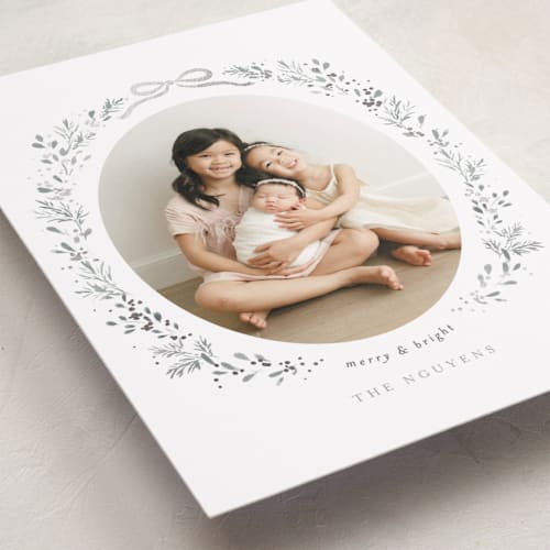 This is a pebble foil pressed holiday cards with foil pressed by Itsy Belle Studio called ribbon & wreath printing on recycled smooth signature in standard