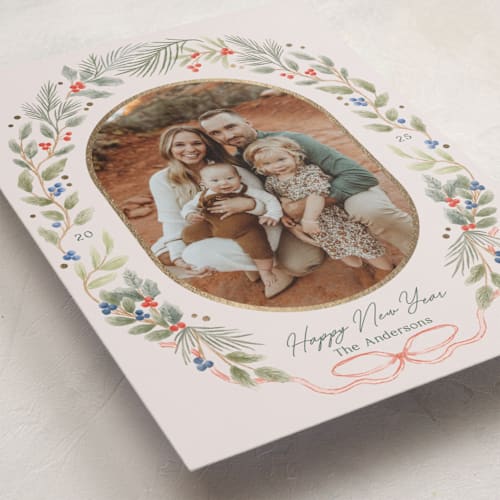This is a leaf foil pressed holiday cards with foil pressed by Elly called winter wreath printing on recycled smooth signature in standard