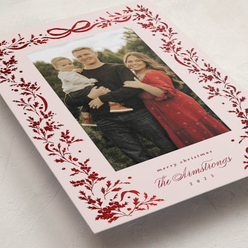 This is a rosy cheeks foil pressed holiday cards with foil pressed by Kate Ahn called glittering garland printing on recycled smooth signature in standard