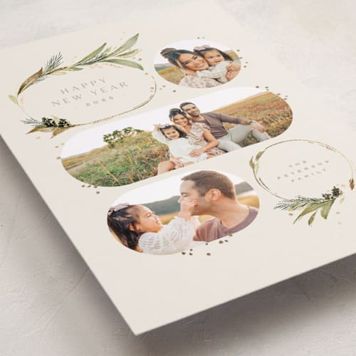 This is a creme foil pressed holiday cards with foil pressed by Anastasia Makarova called rounded and blooming printing on recycled smooth signature in standard