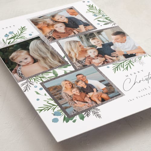 This is a blue jay foil pressed holiday cards with foil pressed by Everett Paper Goods called botanical quad printing on recycled smooth signature in standard