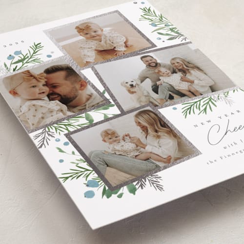 This is a blue jay foil pressed holiday cards with foil pressed by Everett Paper Goods called botanical quad printing on recycled smooth signature in standard