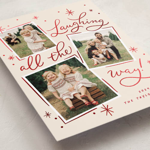 This is a reindeer nose foil pressed holiday cards with foil pressed by Erin German called laughing all the way printing on recycled smooth signature in standard