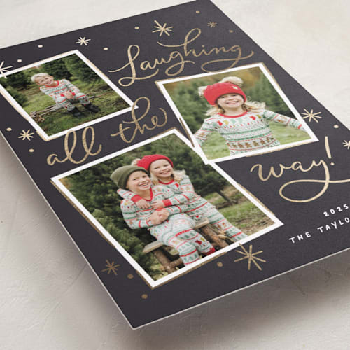 This is a jingle bells foil pressed holiday cards with foil pressed by Erin German called laughing all the way printing on recycled smooth signature in standard