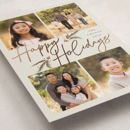 This is a cream foil pressed holiday cards with foil pressed by Robert and Stella called devon printing on recycled smooth signature in standard