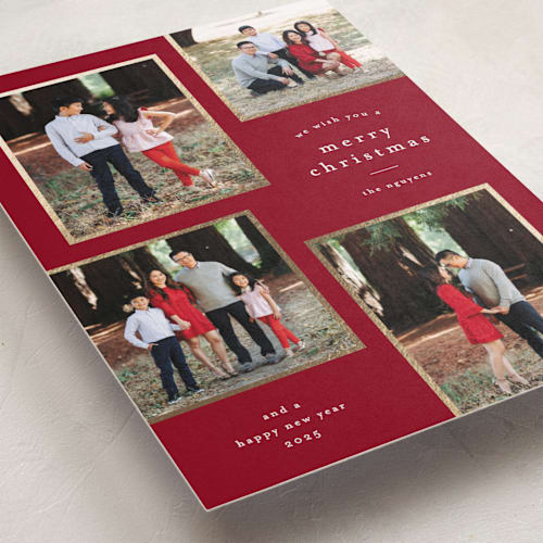 This is a poinsettia foil pressed holiday cards with foil pressed by Stacey Meacham called simply framed printing on recycled smooth signature in standard