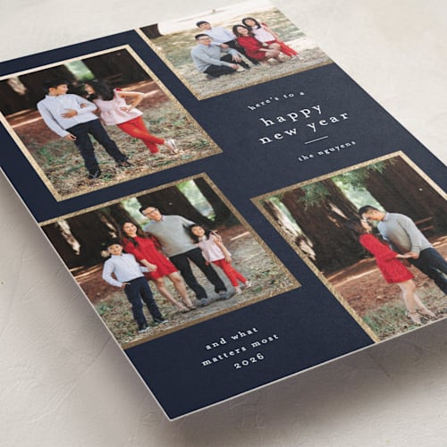 This is a navy foil pressed holiday cards with foil pressed by Stacey Meacham called simply framed printing on recycled smooth signature in standard