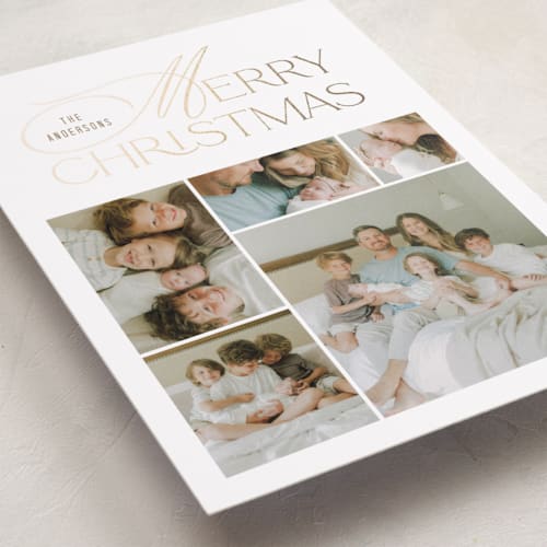 This is a vanilla foil pressed holiday cards with foil pressed by Janean Hinger called family collage printing on recycled smooth signature in standard