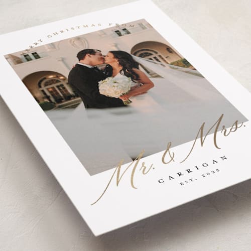 This is a veil foil pressed holiday cards with foil pressed by Pink House Press called mr. and mrs. printing on recycled smooth signature in standard