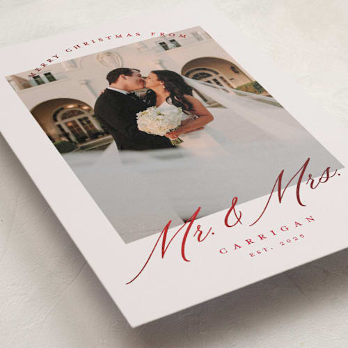 This is a tinsel foil pressed holiday cards with foil pressed by Pink House Press called mr. and mrs. printing on recycled smooth signature in standard