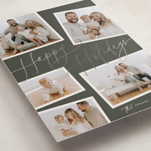 This is a fir foil pressed holiday cards with foil pressed by Melanie Severin called collage scatter printing on recycled smooth signature in standard