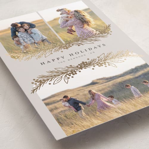 This is a linen foil pressed holiday cards with foil pressed by Michelle Taylor called gilded trio printing on recycled smooth signature in standard