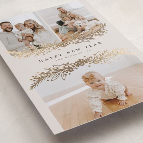 This is a linen foil pressed holiday cards with foil pressed by Michelle Taylor called gilded trio printing on recycled smooth signature in standard