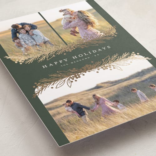 This is a fern foil pressed holiday cards with foil pressed by Michelle Taylor called gilded trio printing on recycled smooth signature in standard