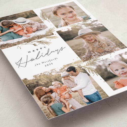 This is a snow foil pressed holiday cards with foil pressed by Rebecca Durflinger called sparkling pine printing on recycled smooth signature in standard