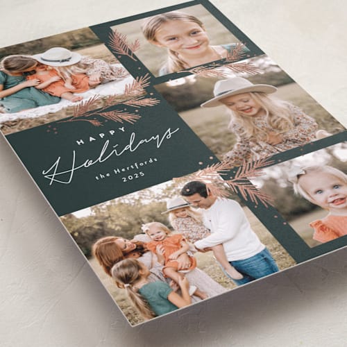 This is a juniper foil pressed holiday cards with foil pressed by Rebecca Durflinger called sparkling pine printing on recycled smooth signature in standard