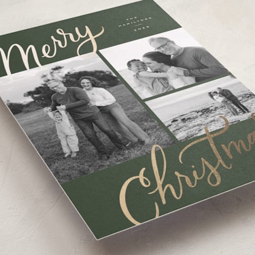 This is a forest foil pressed holiday cards with foil pressed by Wildfield Paper Co called christmas memories printing on recycled smooth signature in standard