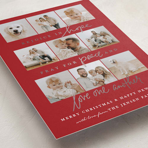 This is a cherry foil pressed holiday cards with foil pressed by Jamie Schultz Designs called pray for peace collage printing on recycled smooth signature in standard