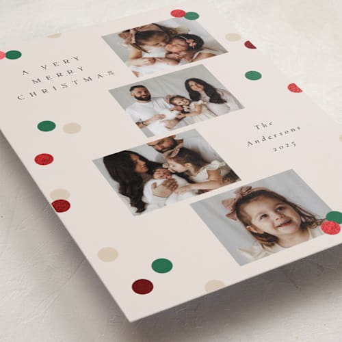 This is a ivory foil pressed holiday cards with foil pressed by Katie Zimpel called vintage confetti printing on recycled smooth signature in standard