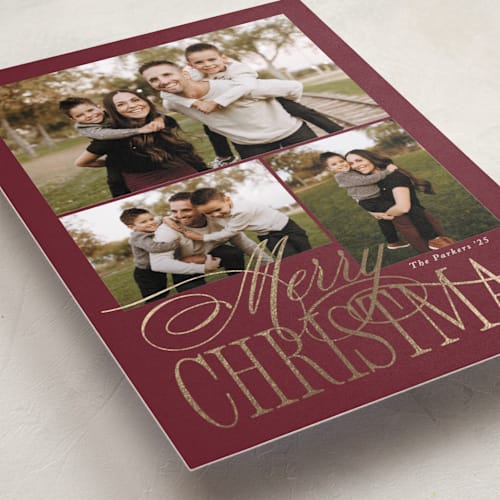 This is a mulberry foil pressed holiday cards with foil pressed by Brianne Larsen called elegant three printing on recycled smooth signature in standard