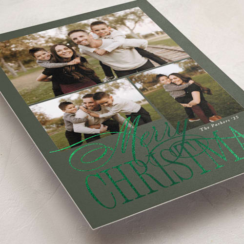 This is a pine foil pressed holiday cards with foil pressed by Brianne Larsen called elegant three printing on recycled smooth signature in standard