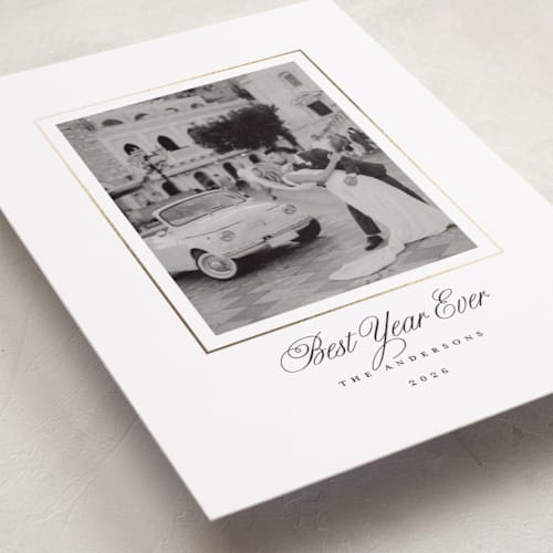 This is a snow foil pressed holiday cards with foil pressed by Brandy Folse called classic gold frame printing on recycled smooth signature in standard