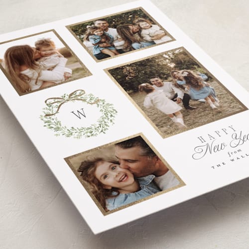 This is a marshmallow foil pressed holiday cards with foil pressed by Everett Paper Goods called wreath multi printing on recycled smooth signature in standard