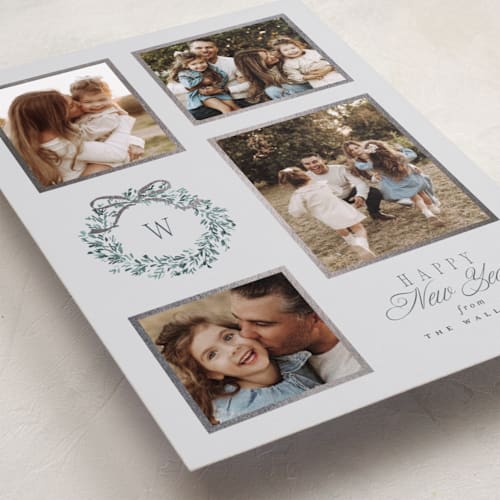 This is a mist foil pressed holiday cards with foil pressed by Everett Paper Goods called wreath multi printing on recycled smooth signature in standard