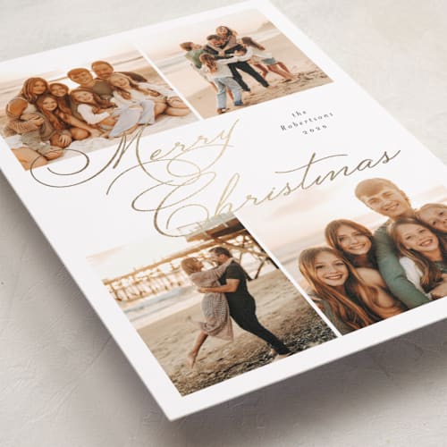 This is a snow foil pressed holiday cards with foil pressed by Emily Betts called merry four printing on recycled smooth signature in standard