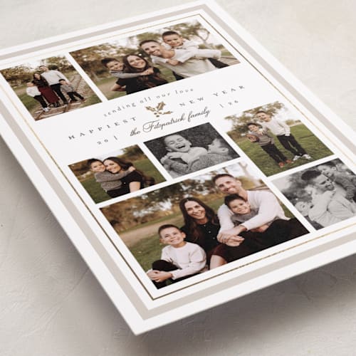 This is a fog foil pressed holiday cards with foil pressed by Everett Paper Goods called formal holly printing on recycled smooth signature in standard