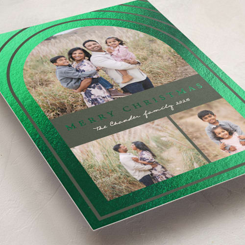 This is a pine foil pressed holiday cards with foil pressed by Brianne Larsen called arch border printing on recycled smooth signature in standard