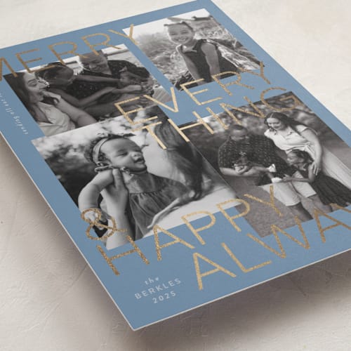 This is a winter foil pressed holiday cards with foil pressed by Inkblot Design called merry everything printing on recycled smooth signature in standard