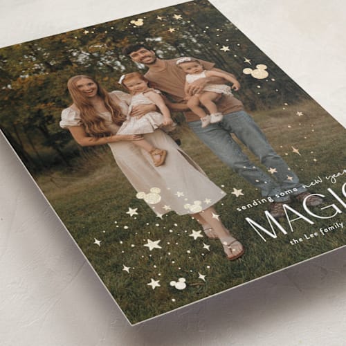 This is a mickey gloves foil pressed holiday cards with foil pressed by Danie Romrell called disney's mickey holiday magic printing on recycled smooth signature in standard