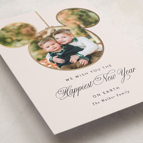 This is a pearl foil pressed holiday cards with foil pressed by Vanessa Doyle called disney mickey ornament printing on recycled smooth signature in standard