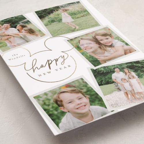 This is a snow foil pressed holiday cards with foil pressed by Everett Paper Goods called disney's mickey mouse casual script printing on recycled smooth signature in standard