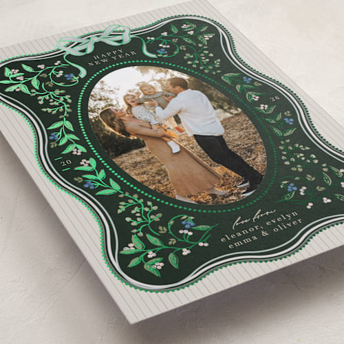 This is a verdant foil pressed holiday cards with foil pressed by Ana de Sousa called waves of greenery printing on recycled smooth signature in standard