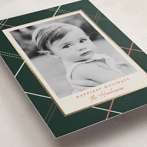This is a evergreen foil pressed holiday cards with foil pressed by Carolyn Nicks called minimal plaid printing on recycled smooth signature in standard