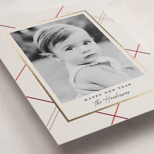 This is a eggnog foil pressed holiday cards with foil pressed by Carolyn Nicks called minimal plaid printing on recycled smooth signature in standard