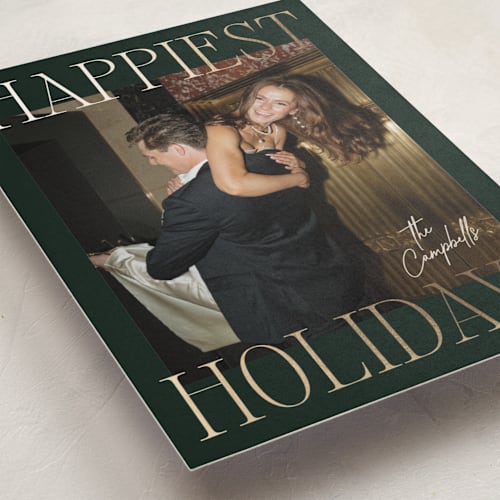 This is a evergreen foil pressed holiday cards with foil pressed by Ekko Studio called glam greeting printing on recycled smooth signature in standard